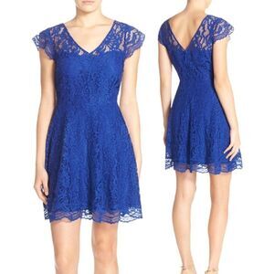 BB Dakota Blue Lace Short Sleeve Scalloped Trim Fit & Flare Dress